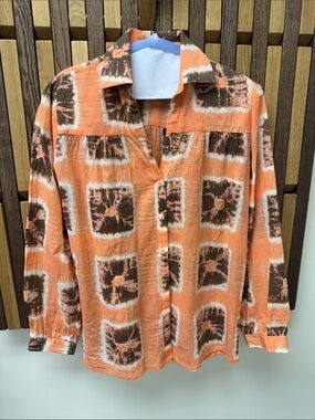 Ex Voto Block Print 100% Cotton Button Down Shirt, size XS